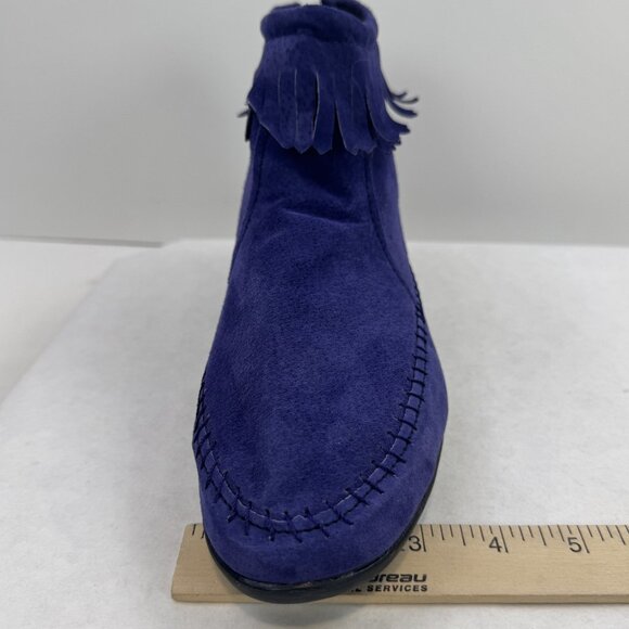 ABCDEFG Womens Size 8.5 W Purple Leather Moccasin Ankle Boots Suede Fringe Zip - Picture 13 of 14